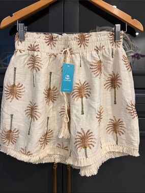 Cupshe Cream Palm-Print High-Waist Tassel Shorts